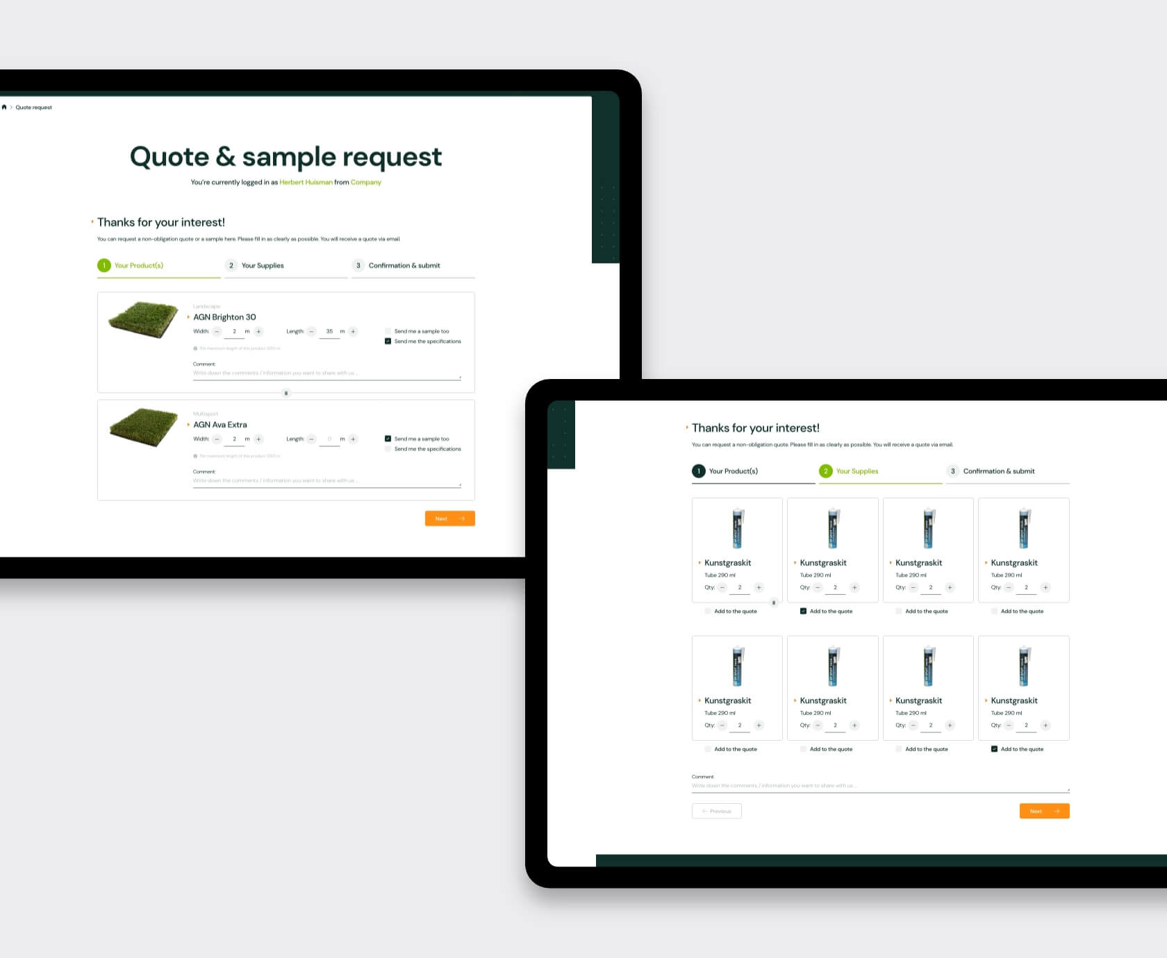 Offerte- en staalanvraagformulier op de AGN dealer portal kunstgras op tablet