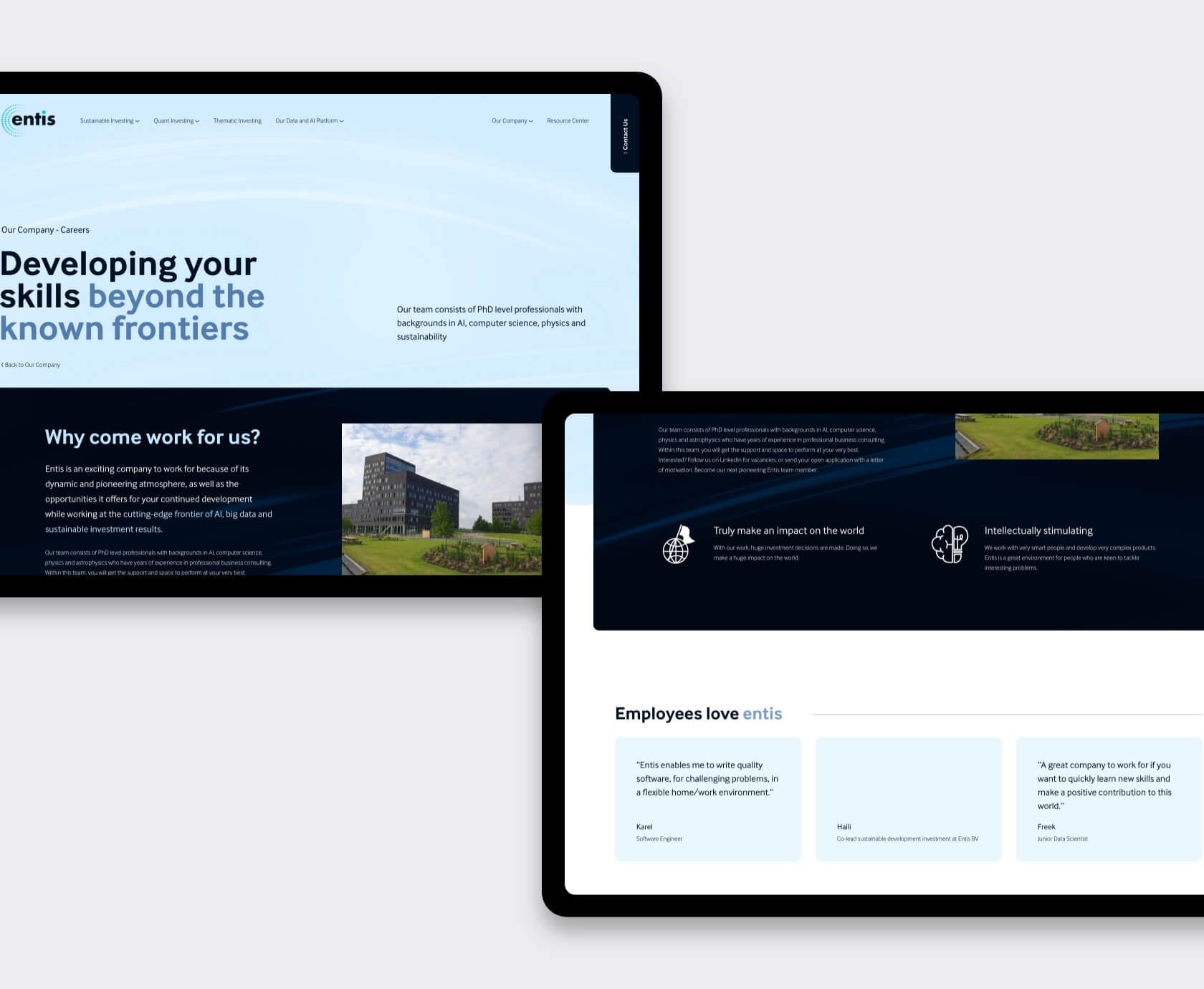 Tabletweergaven van vacaturepagina van Entis met arbeidsvoorwaarden en medewerkersquotes