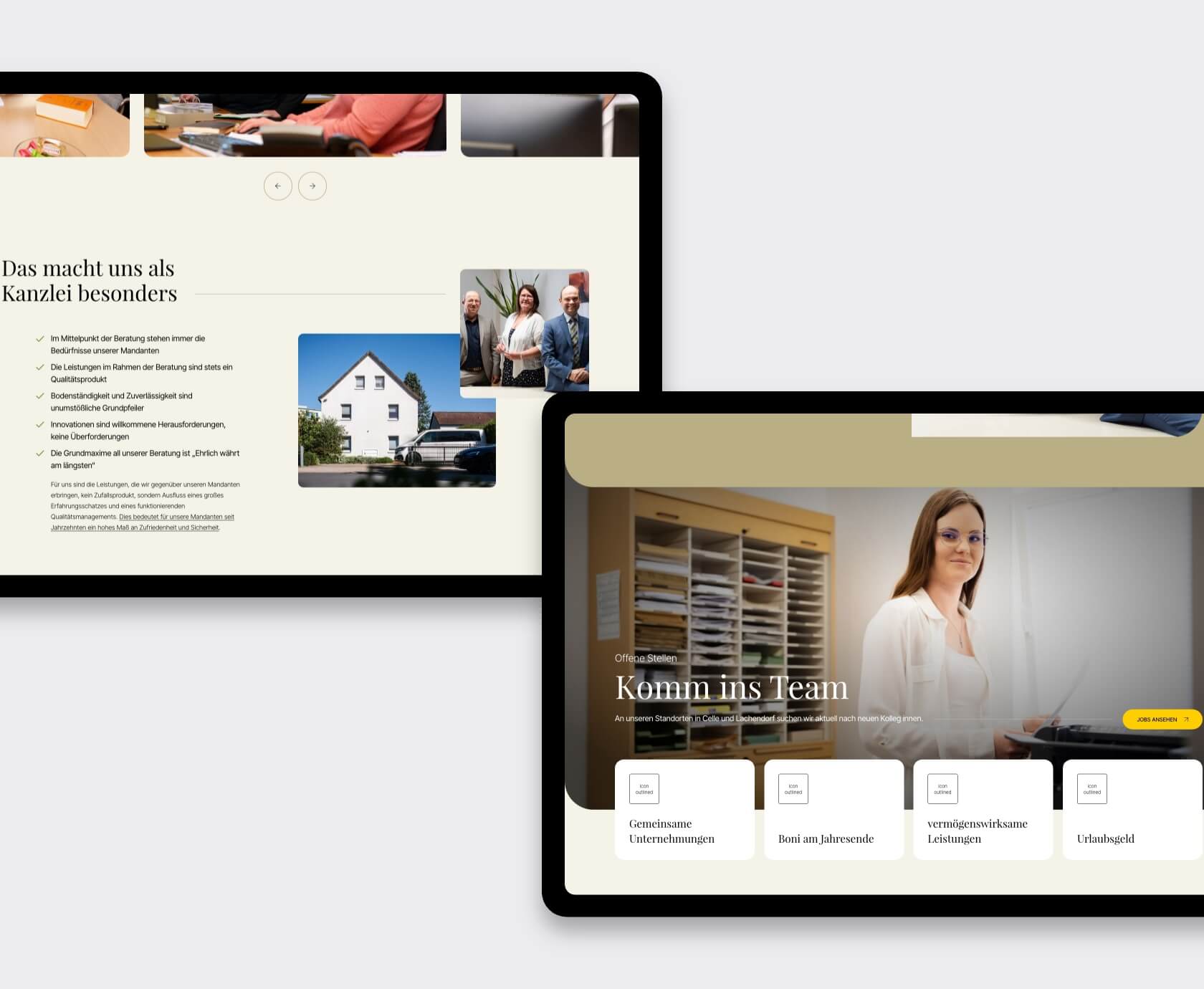 Website voor belastingadvieskantoor met pagina over werkwijze en vacatureblok van Meyer & Gwinner