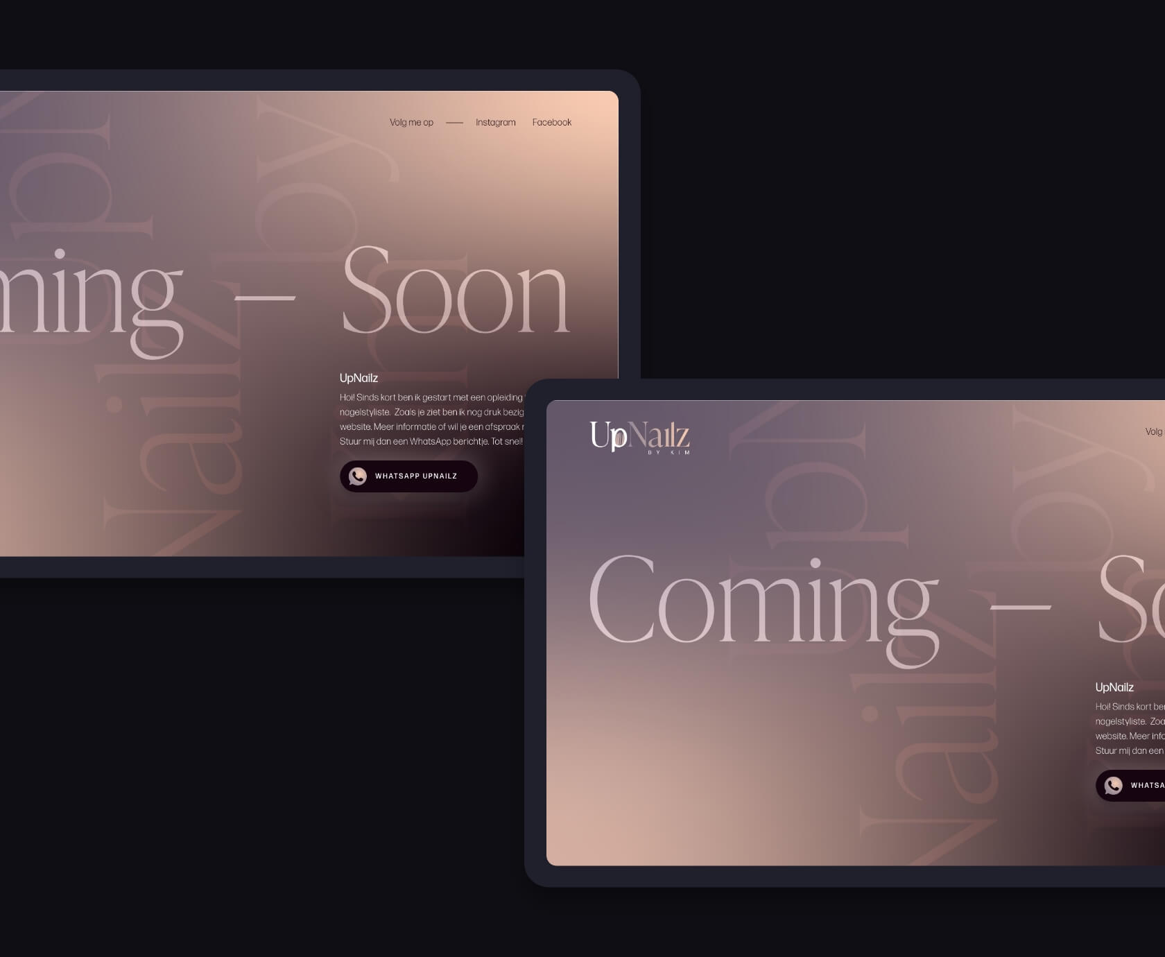 Coming soon pagina van UpNailz op twee tablets, nagelstudio merkidentiteit door Studio Ubique