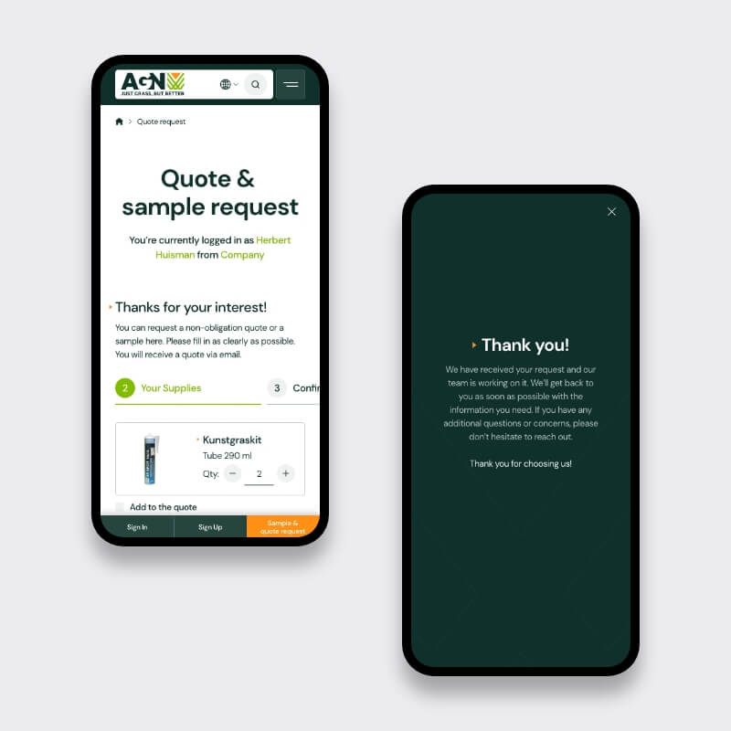Mobiele offerte-aanvraag en bevestigingsscherm op de AGN B2B webshop kunstgras
