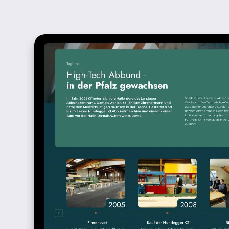 Website voor houtbouw met detail van tijdlijn en groeifases binnen het modulair ontwerpsysteem