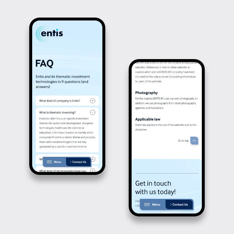 Mobiele FAQ en juridische informatie op Entis website