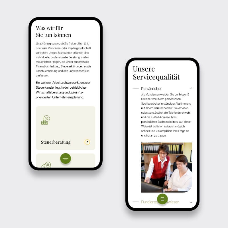 Mobiele website voor belastingadvieskantoor met dienstenpagina en servicekwaliteit