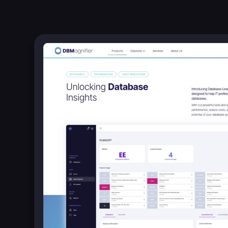 Productpagina van DBMagnifier voor database licentiebeheer met dashboardoverzicht