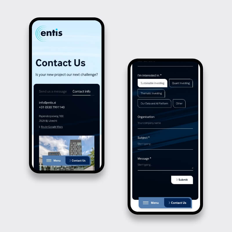 Mobiele contactpagina en aanvraagformulier op Entis website voor AI beleggingsinzichten