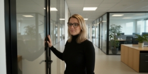 Medewerker test gesloten glazen deur kalm en zelfverzekerd als metafoor voor 99,99% uptime SLA webhosting