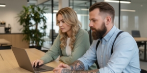 AI keyword and intent research session, team mapping queries for AI SEO Services on laptop in modern office