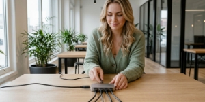 Developer sluit kabel aan op docking station met meerdere verbindingen als metafoor voor API-integratie in Zwolle