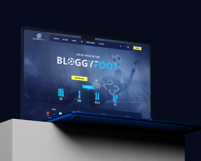 Bloggyfoot voetbal voorspellingsplatform op laptop, UX-ontwerp sportplatform door Studio Ubique