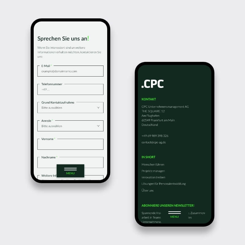 Mobiele contactpagina en footer van website voor trainingsbureau CPC Academy