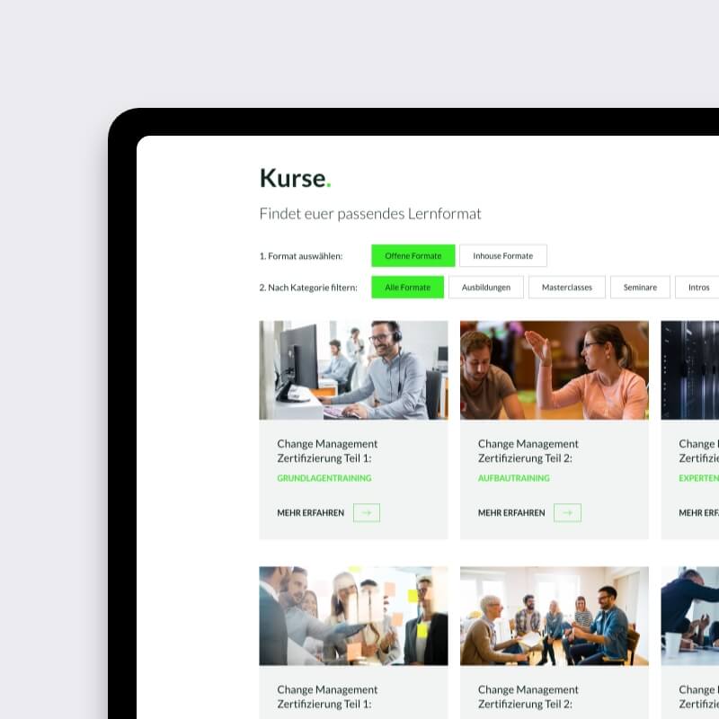 Cursusoverzicht van online cursusplatform van CPC Academy met filters en trainingskaarten
