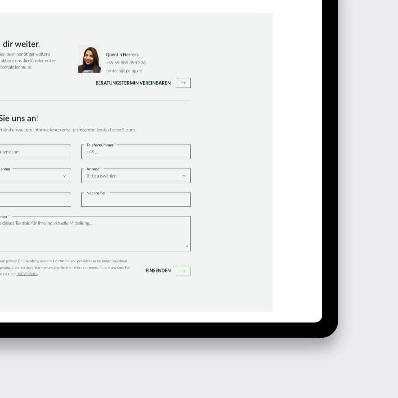 Contactformulier en adviesblok op website voor trainingsbureau CPC Academy