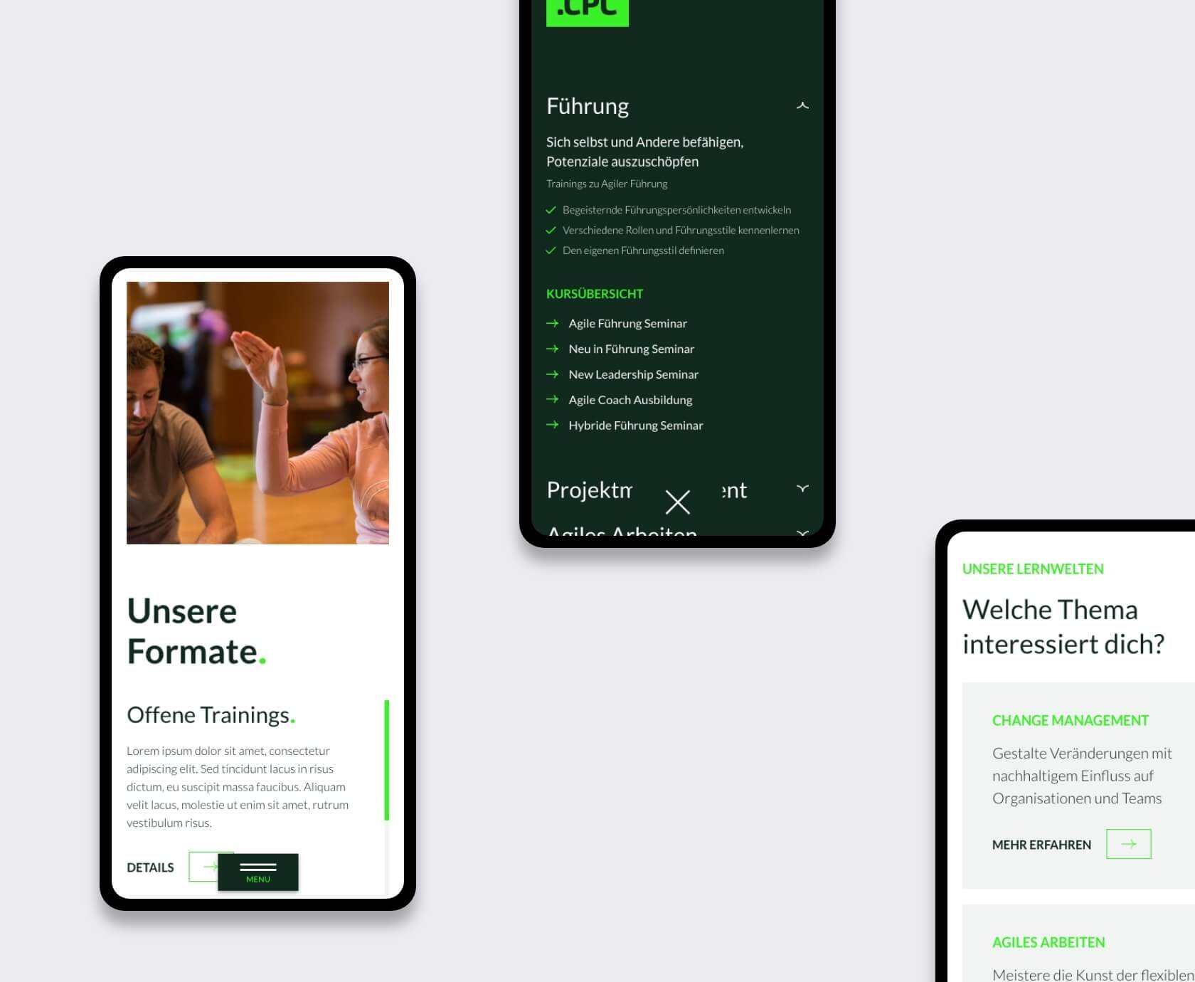 Mobiele schermen van online cursusplatform met leerwerelden en menu van CPC Academy