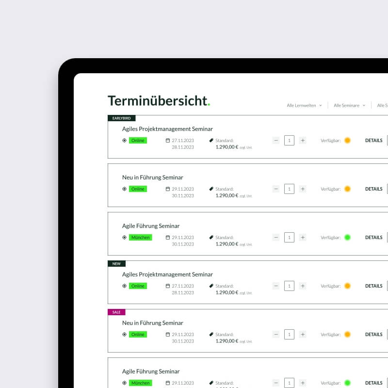 Termijnoverzicht van online cursusplatform van CPC Academy met trainingsdata en prijzen