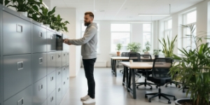 Medewerker sluit archieflade als metafoor voor dagelijkse off-site back-ups en veilige opslag bij website onderhoud