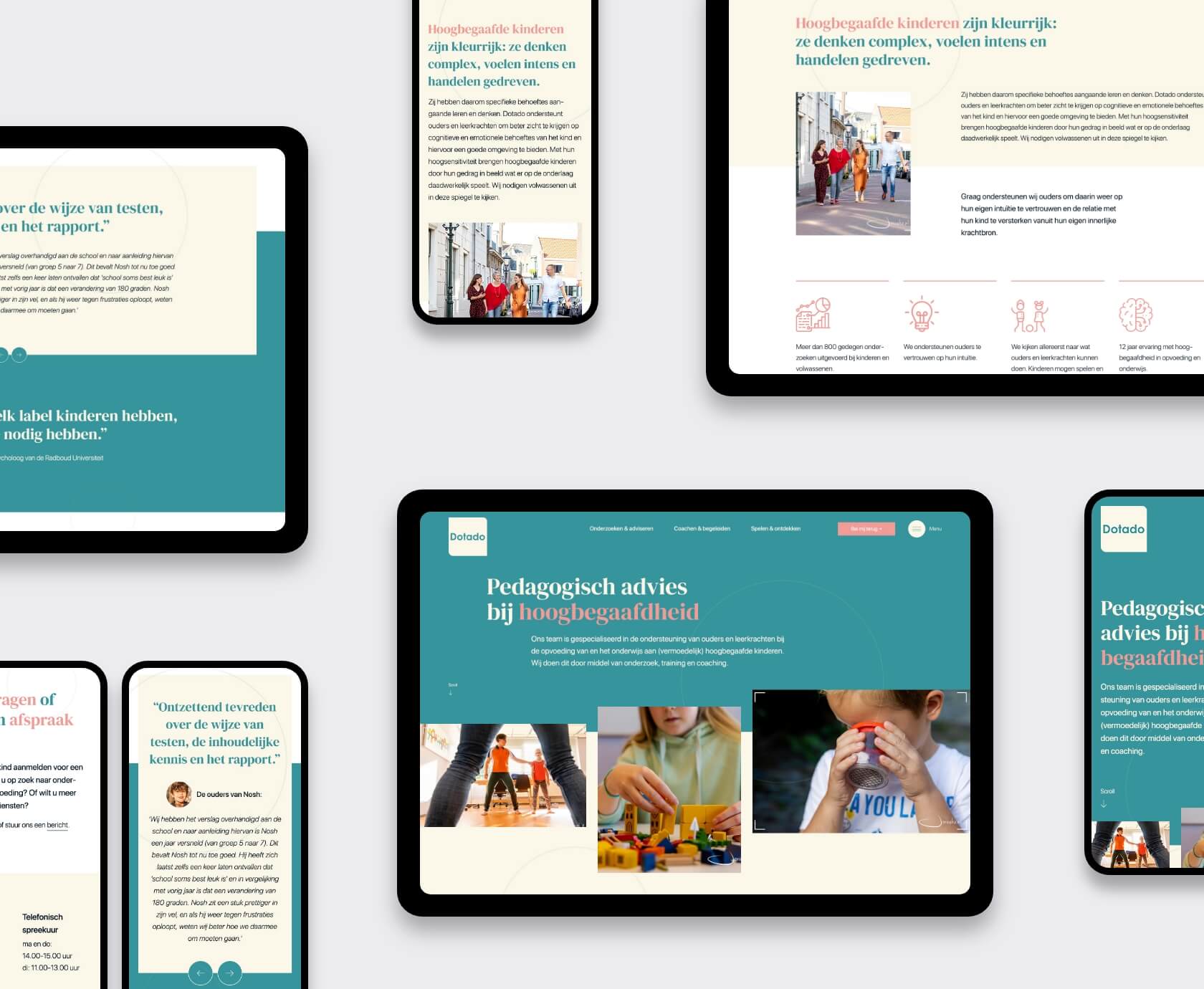 Overzicht van het Dotado-webdesign op desktop, tablet en mobiel voor begeleiding bij hoogbegaafdheid