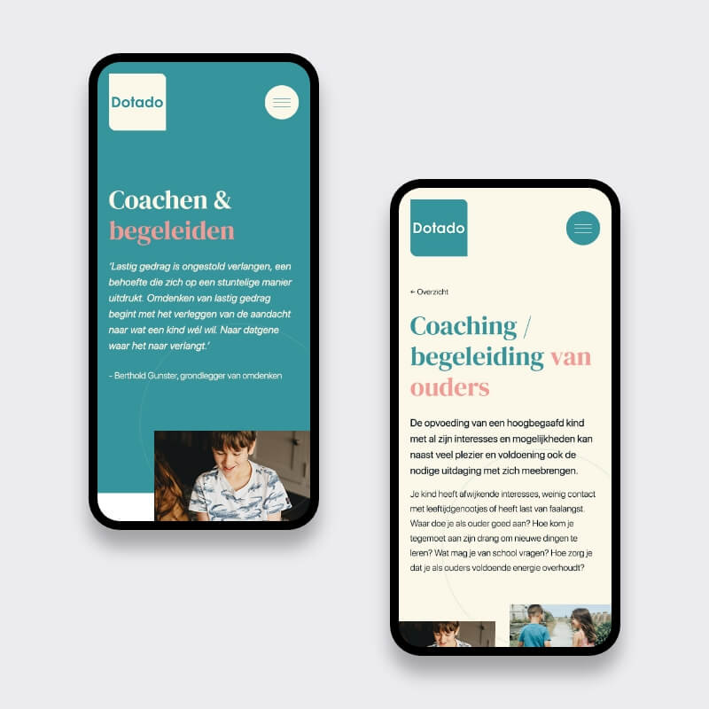 Mobiele pagina’s van Dotado voor begeleiding bij hoogbegaafdheid en coaching van ouders