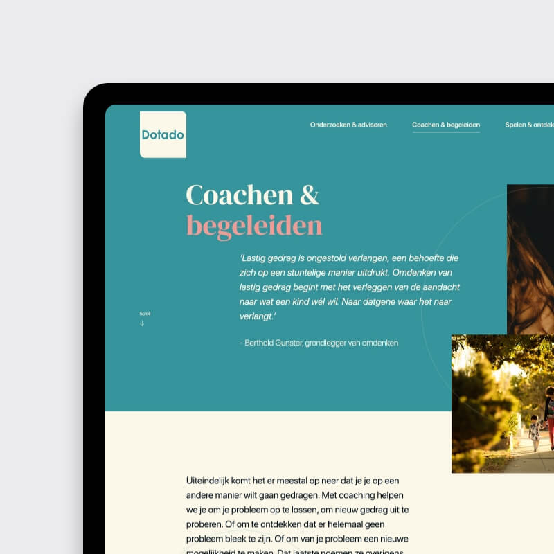 Desktoppagina over coaching en begeleiding op de Dotado-website voor hoogbegaafdheid coaching en onderzoek