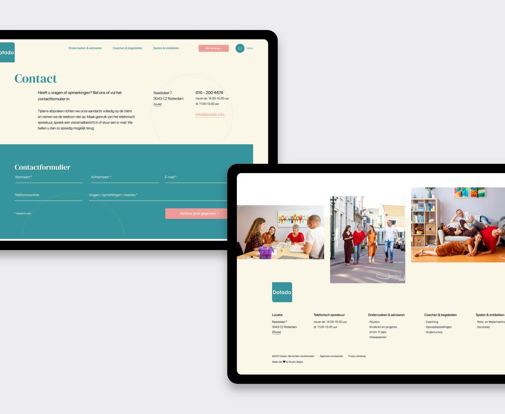 Contactpagina en footer van Dotado voor begeleiding bij hoogbegaafdheid