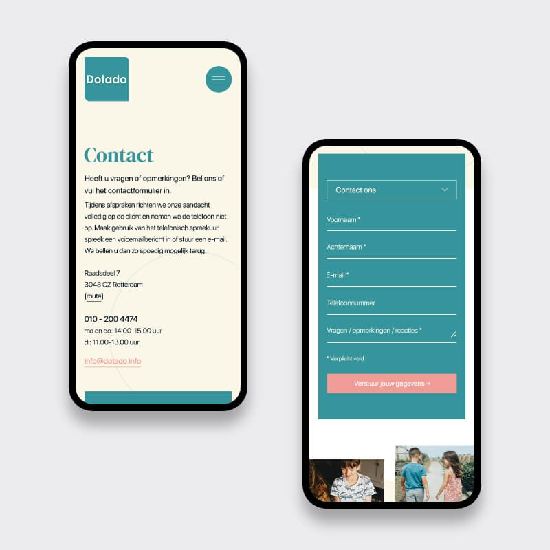 Mobiele contactpagina en formulier van Dotado voor hoogbegaafdheid coaching en onderzoek