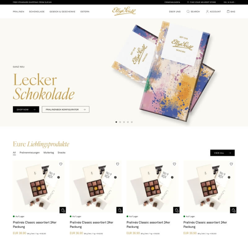 Desktop hero-sectie van de Elly Seidl webshop met kleurrijke chocoladeverpakkingen, webshop herontwerp voor voedingsmiddelen