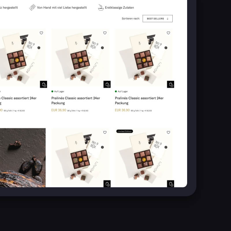 Productoverzicht van pralinenboxen met filter- en sorteeropties, webshop herontwerp voor voedingsmiddelen