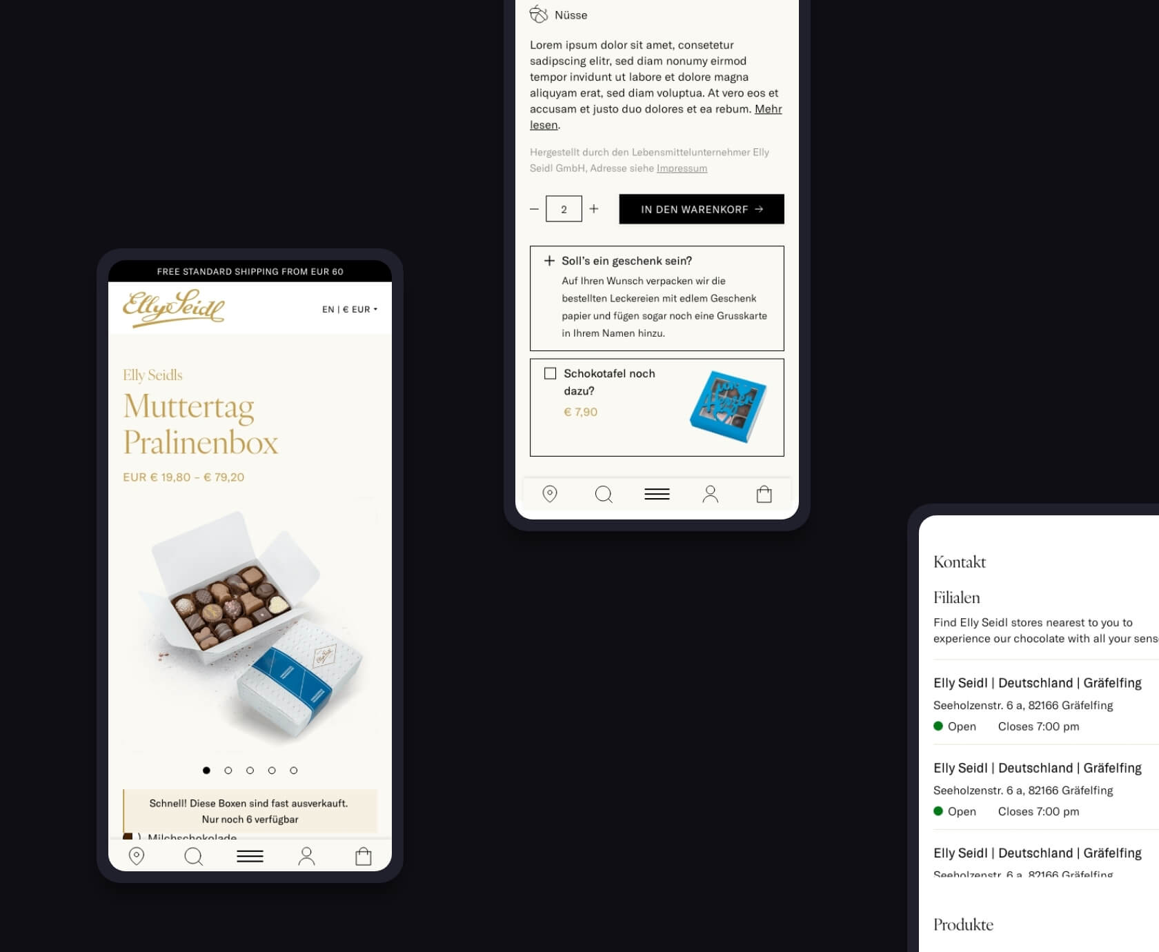 Mobiele productdetailpagina voor Moederdagpralinendoos met bijverkoopopties, luxe chocolade webshop UX ontwerp