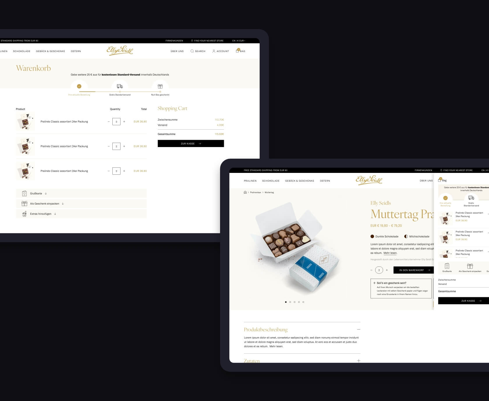 Tabletweergaven van winkelwagen en productpagina in de Elly Seidl webshop