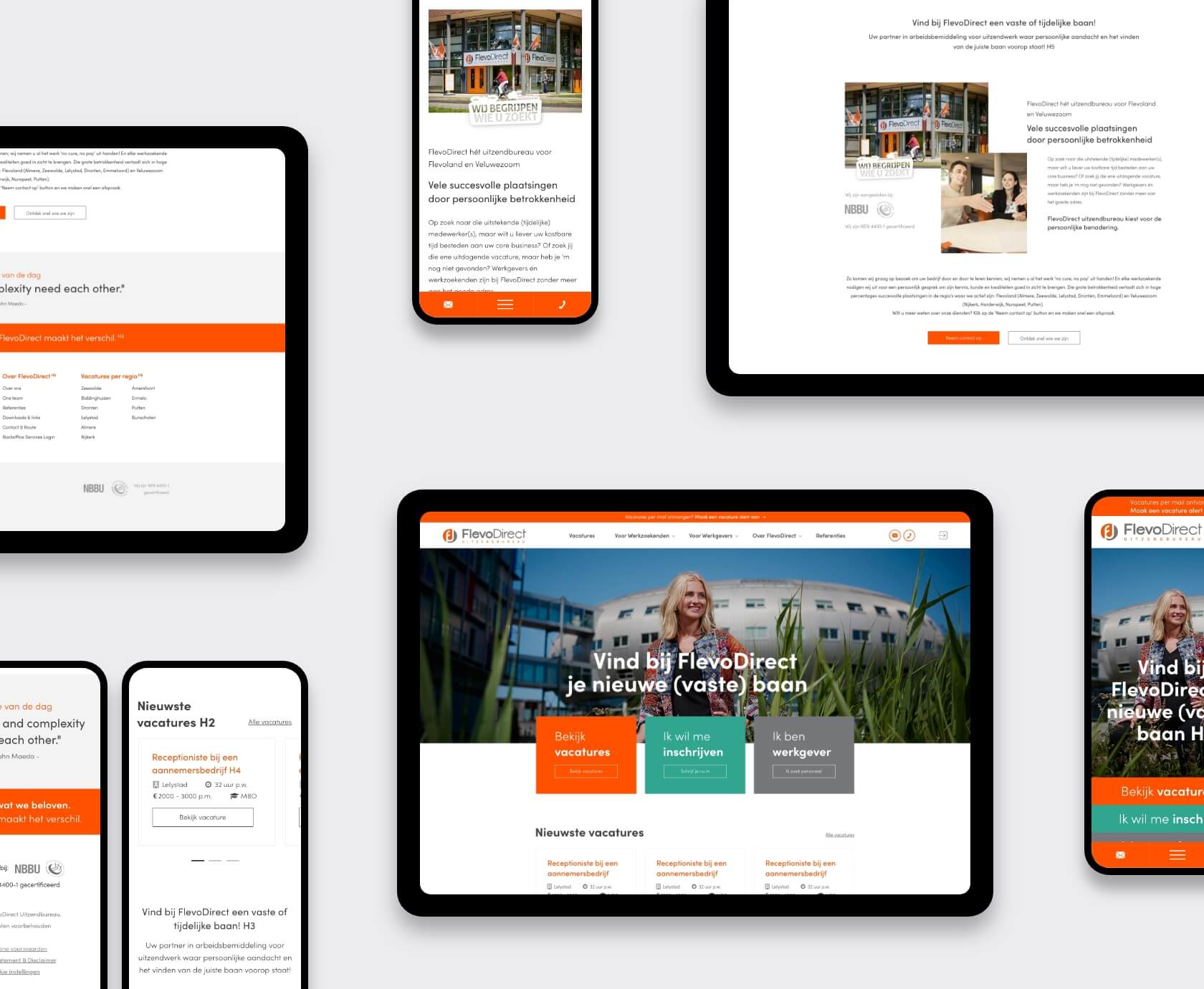 Mock-ups van uitzendbureau website met ATS koppeling voor FlevoDirect op desktop, tablet en mobiel