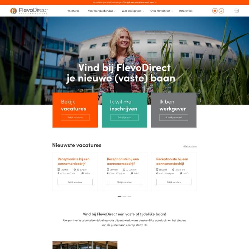 Homepagina van uitzendbureau website met ATS koppeling voor FlevoDirect