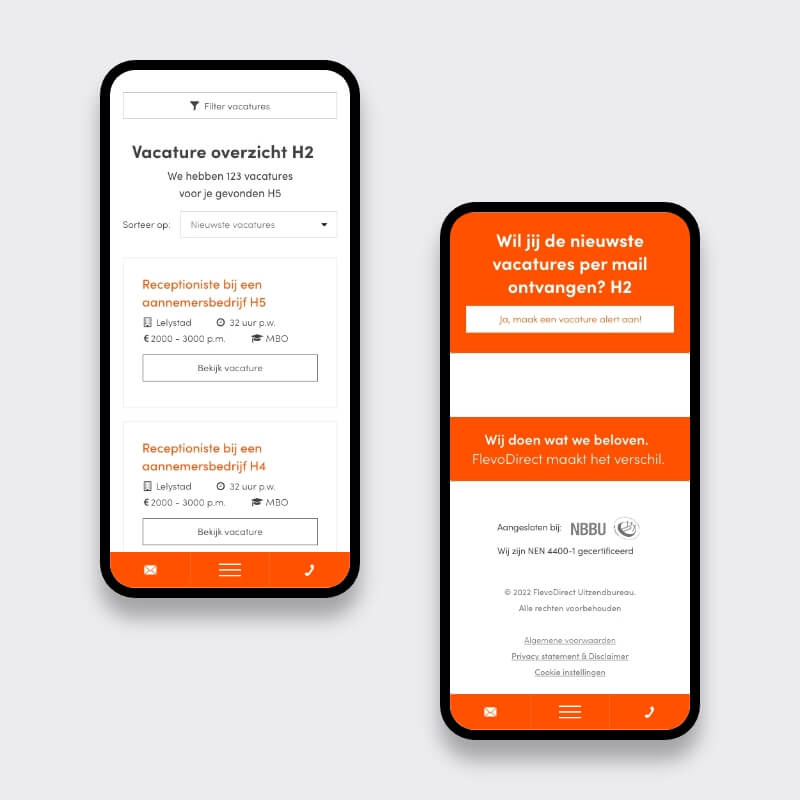 Mobiele vacaturewebsite van FlevoDirect met vacatureoverzicht en vacature-alert