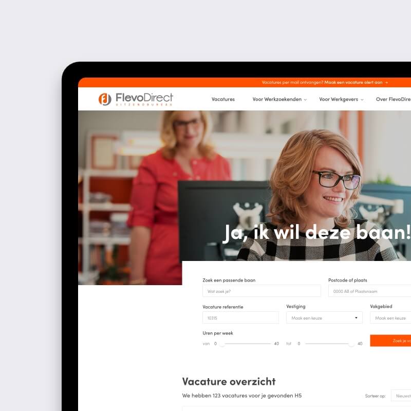 Desktop vacatureoverzicht van uitzendbureau website met ATS koppeling