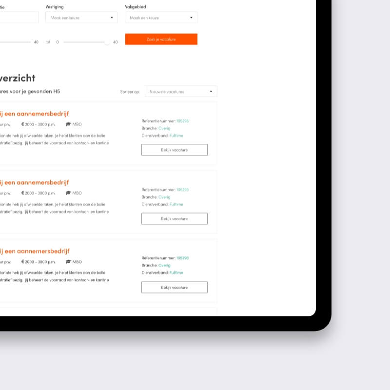Detail van vacaturelijst op uitzendbureau website met ATS koppeling van FlevoDirect