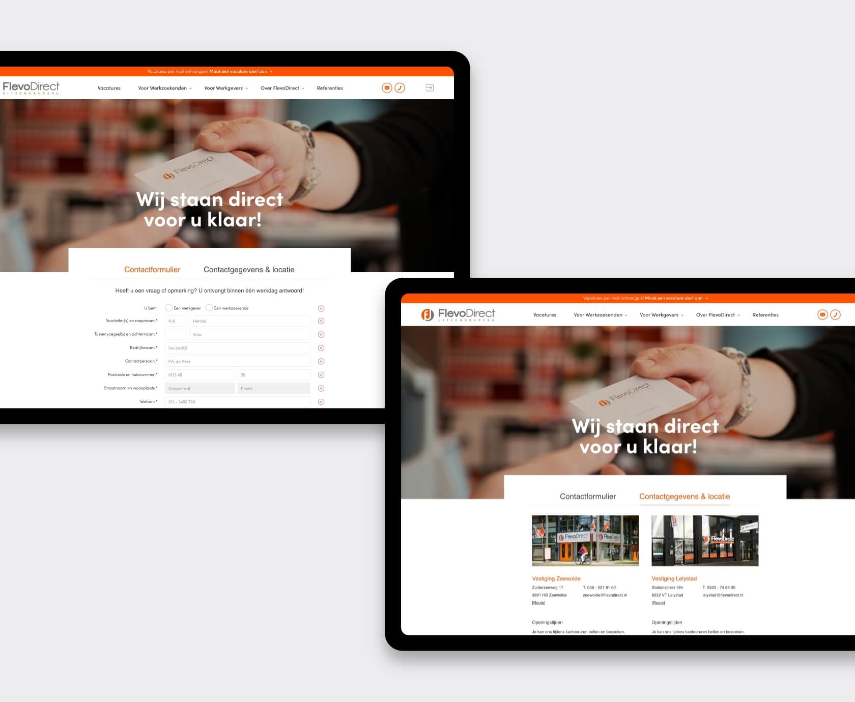 Contactpagina van uitzendbureau website met ATS koppeling op desktop en tablet