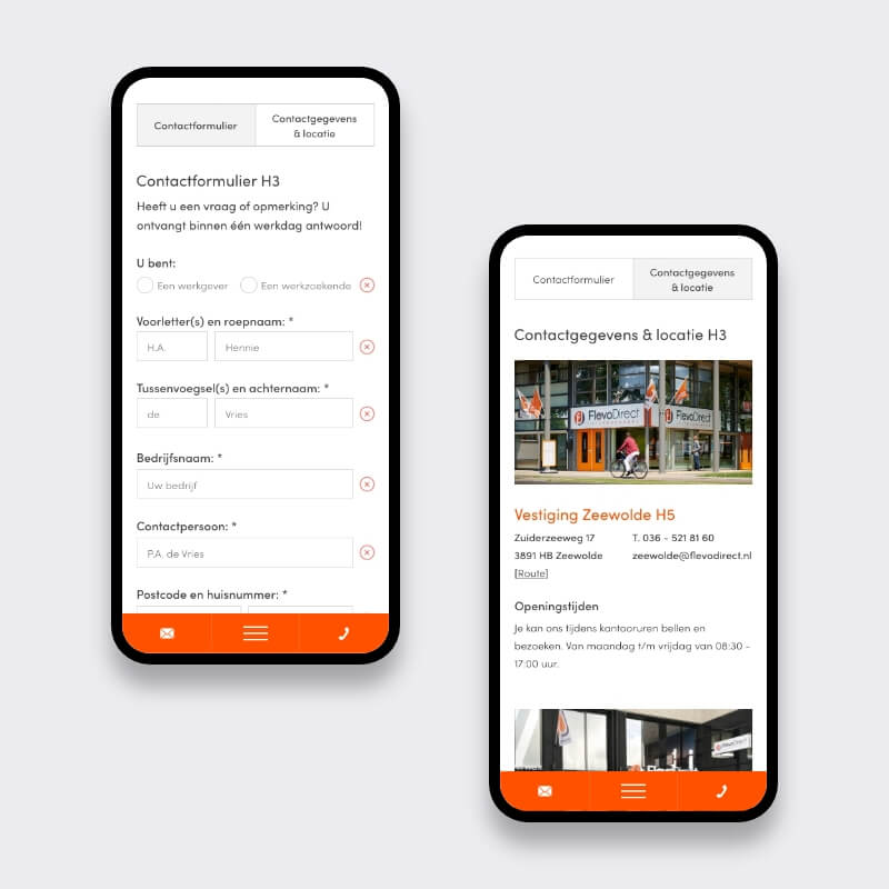 Mobiel contactformulier en locatiepagina van uitzendbureau website met ATS koppeling