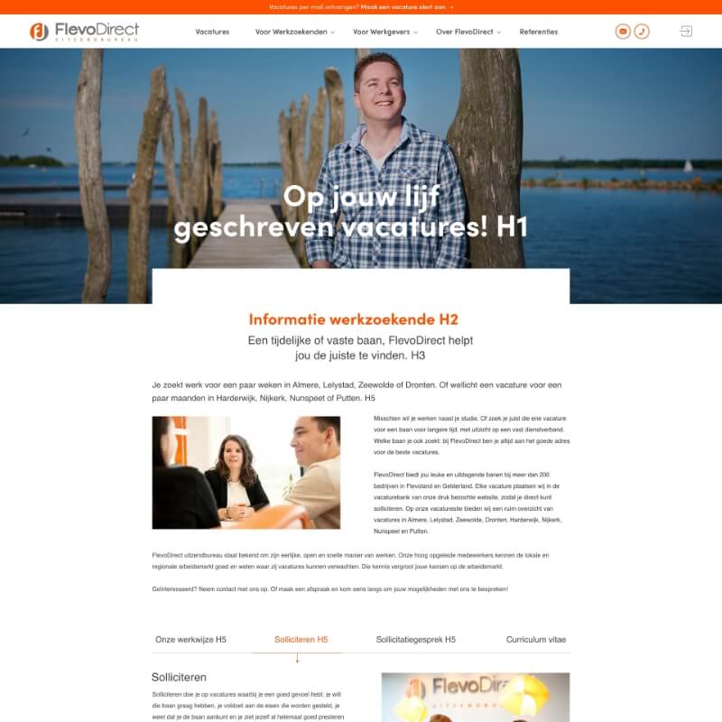 Pagina voor werkzoekenden op vacaturewebsite van FlevoDirect