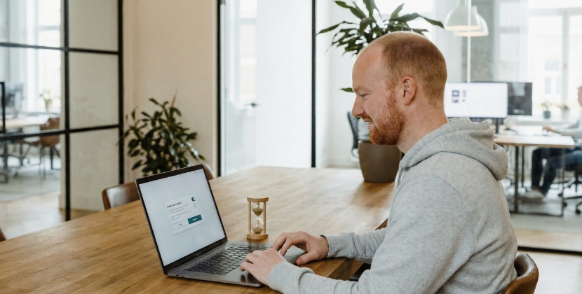 Minimal cookie banner mock on a laptop, two equal buttons, blurred UI, neutral lighting