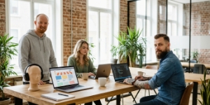 Shopify headless ready: team werkt aan React-achtige code en storefront preview als abstracte UI-vormen in Zwolle-kantoor