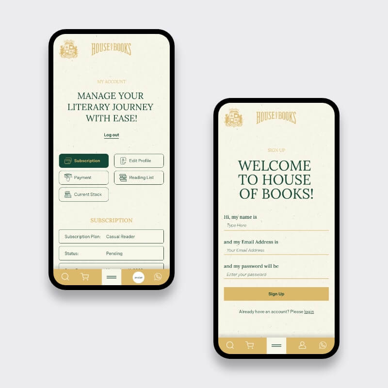 Abonnements- en registratiepagina van House of Books op mobiel, boekenabonnement website op maat