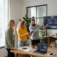 Android app laten ontwikkelen met een team: drie collega's bespreken code op een groot scherm