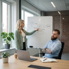 Team bespreekt headless CMS architectuur op whiteboard in modern Zwolle kantoor