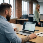 Redacteur publiceert content via headless CMS dashboard op laptop in Zwolle kantoor