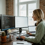 Developer bouwt API-koppeling voor headless CMS project op dubbel scherm in Zwolle kantoor