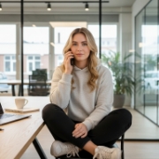 Ondernemer belt over webdesign bureau Amsterdam project, rustig kantoor op de achtergrond