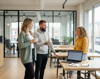 Drie collega's staan in een open kantoor en overleggen over Android app laten ontwikkelen