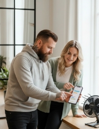 Android app ontwikkelaar wijst een collega op de details van een app op een smartphone