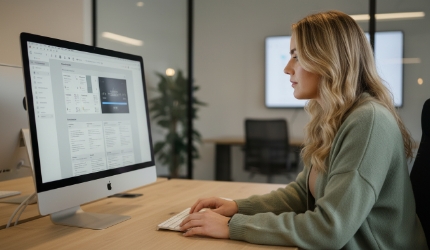 Senior developer vergelijkt component-panelen op Apple Studio Display, white label IT staff augmentation team uitbreiden