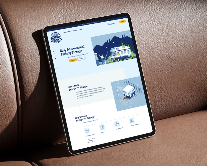 Tabletmock-up van de Jimmy’s RV Storage website voor camperstalling