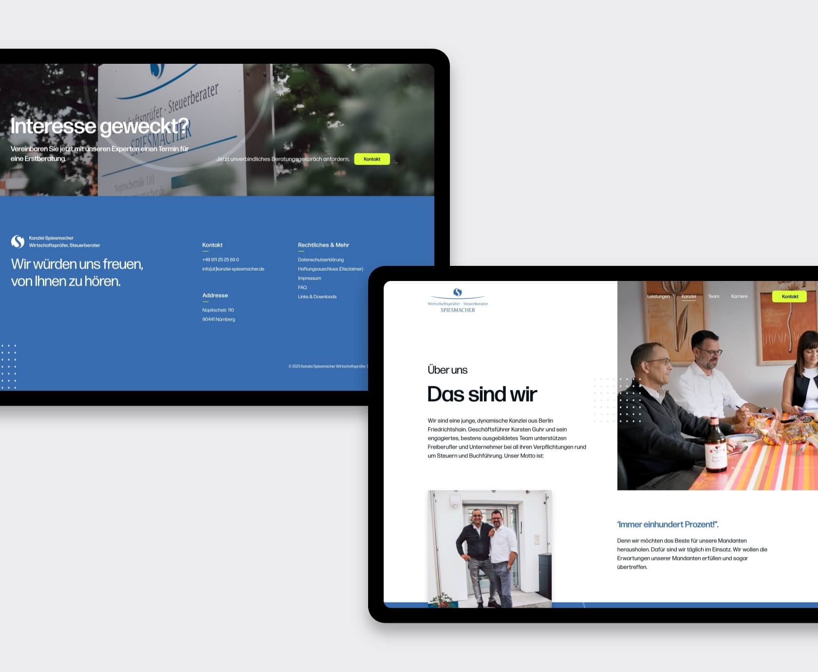 Over-ons- en contactpagina van de website voor belastingadviseur in rustige kantoorstijl